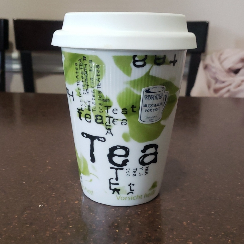 Konitz Travel Mug & Coffee Cup Tea Collage Green Leaves White With Lid.